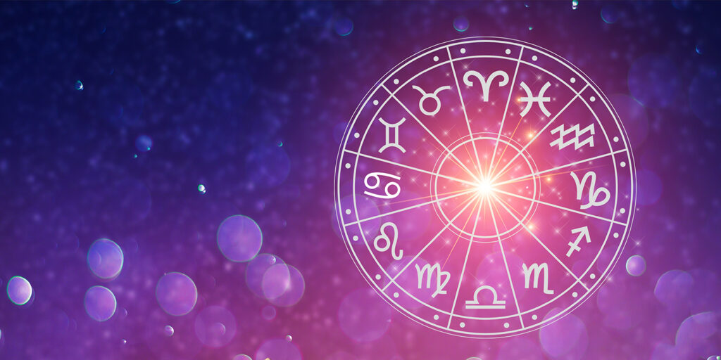 Zodiac signs inside of horoscope circle. Astrology in the sky with many stars and moons  astrology and horoscopes concept